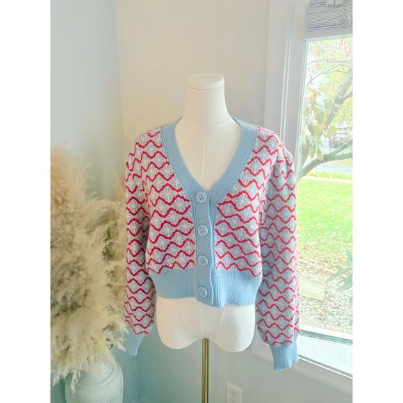 NWT Cider Wavy Button Up Crop Cardigan Sweater Womens XL Blue Red Retro Indie - Picture 1 of 8